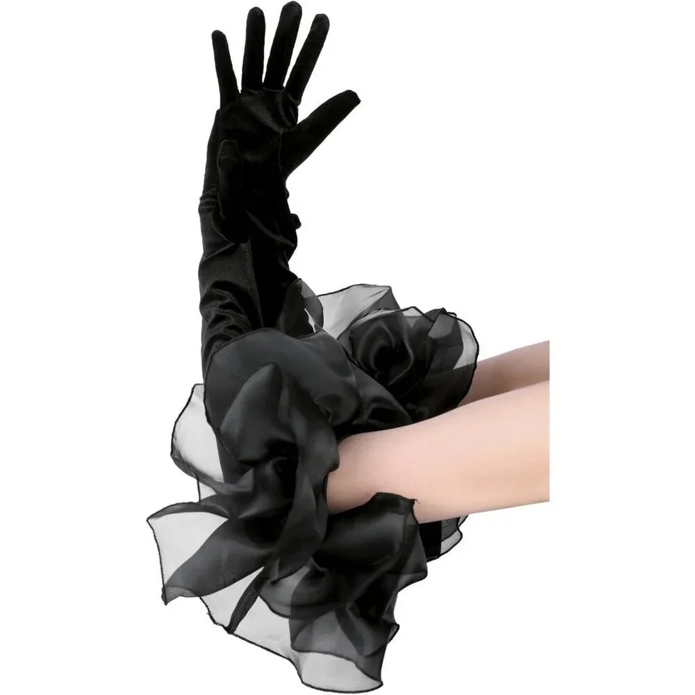Women's Black Tulle Velvet Opera Long Gloves Puff Ruffled Banquet Party Prom